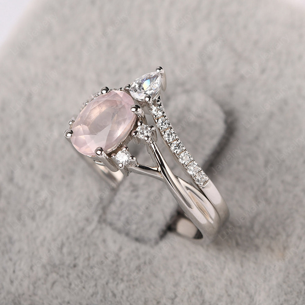 Split Shank Rose Quartz Ring With Wedding Band - LUO Jewelry