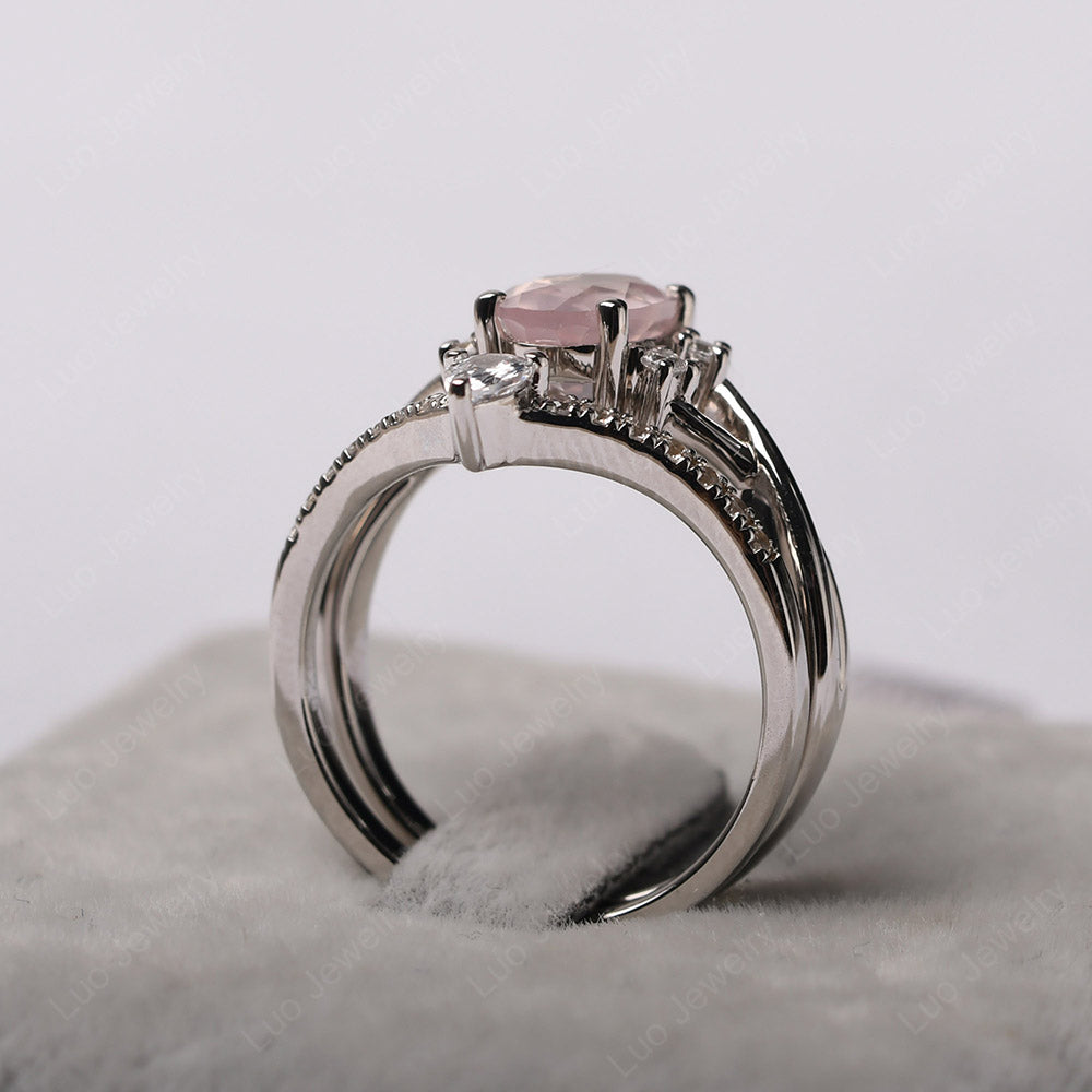 Split Shank Rose Quartz Ring With Wedding Band - LUO Jewelry