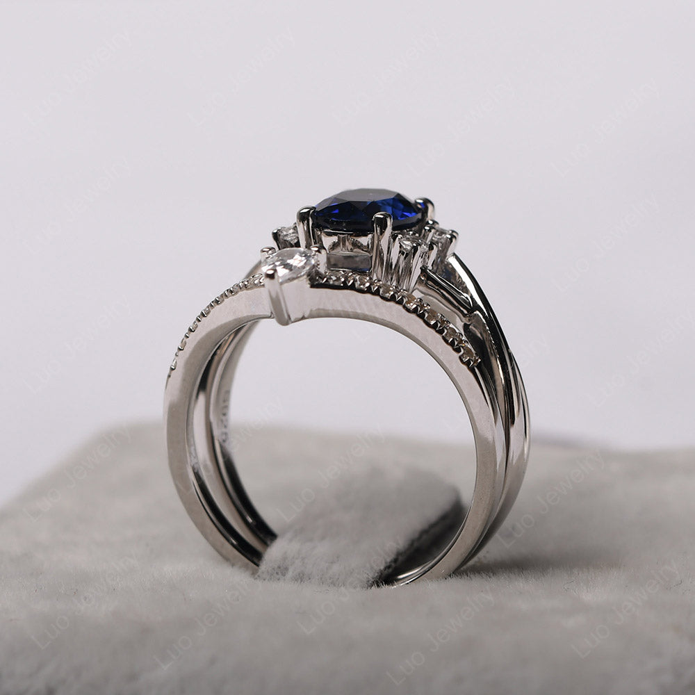Split Shank Lab Sapphire Ring With Wedding Band - LUO Jewelry