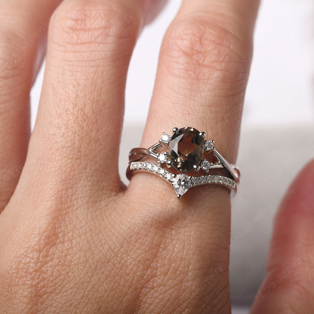 Split Shank Smoky Quartz  Ring With Wedding Band - LUO Jewelry