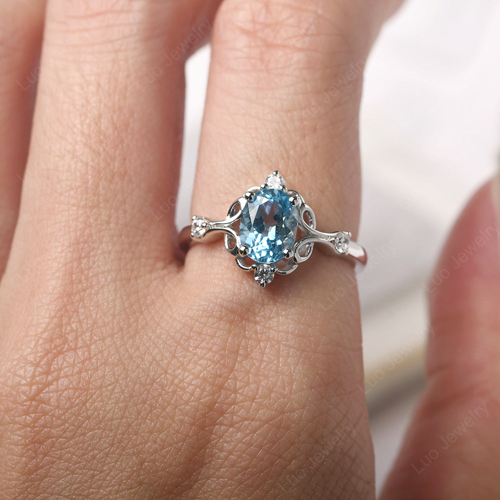 Swiss Blue Topaz Ring Oval Vintage Engagement Ring - LUO Jewelry