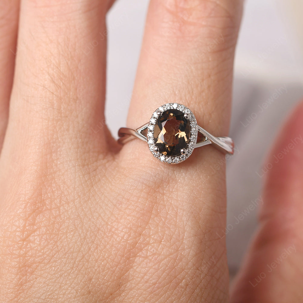 Oval Smoky Quartz  Halo Engagement Ring - LUO Jewelry