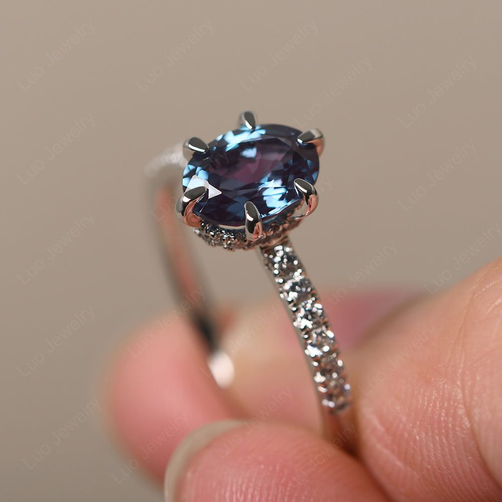 Alexandrite Hidden Halo Oval Engagement Ring - LUO Jewelry
