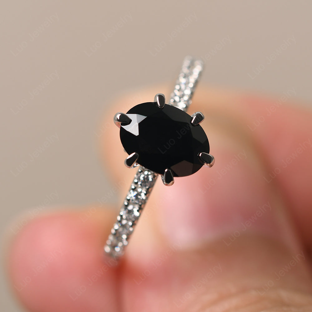 Black Spinel Hidden Halo Oval Engagement Ring - LUO Jewelry