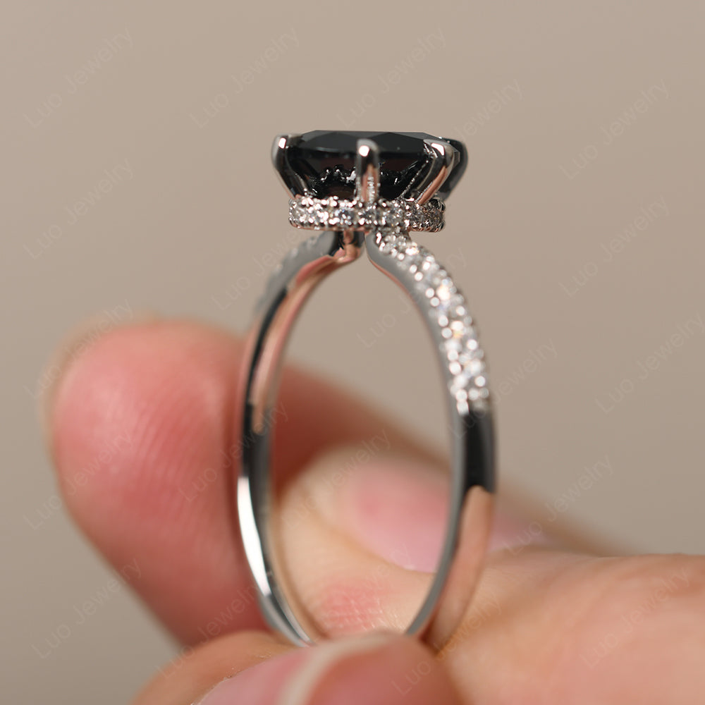 Black Spinel Hidden Halo Oval Engagement Ring - LUO Jewelry