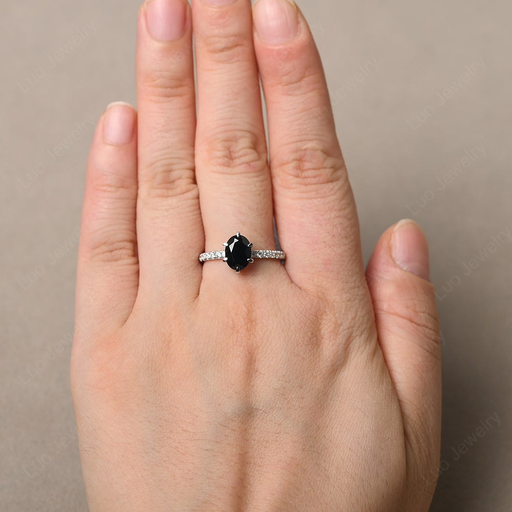 Black Spinel Hidden Halo Oval Engagement Ring - LUO Jewelry