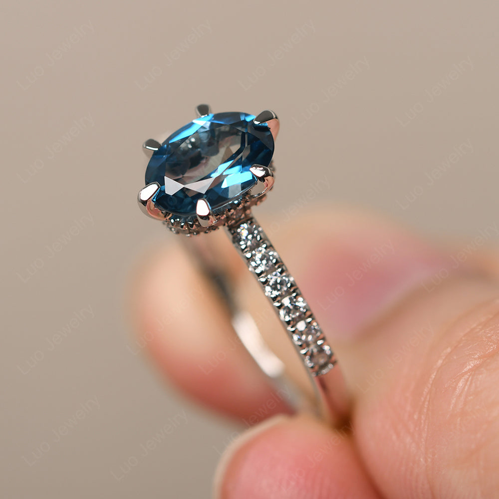 London Blue Topaz Hidden Halo Oval Engagement Ring - LUO Jewelry