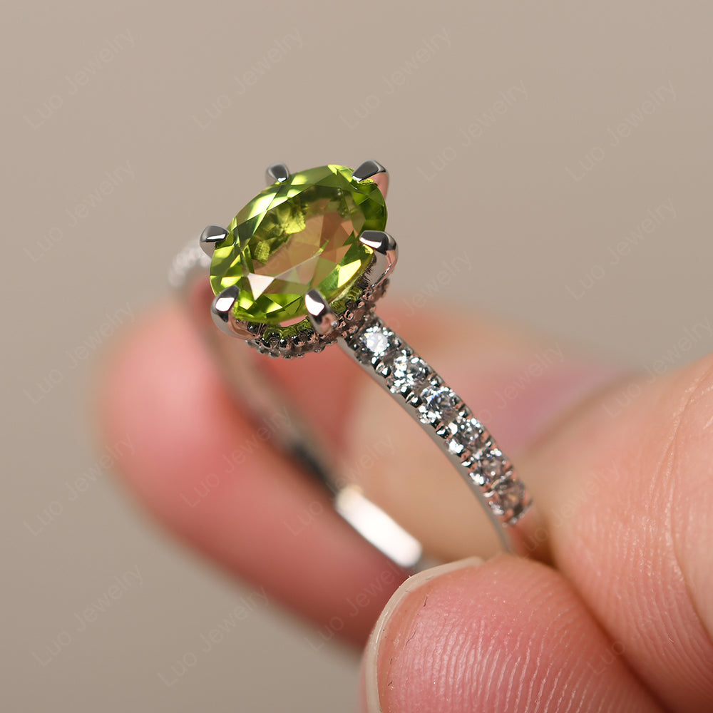 Peridot Hidden Halo Oval Engagement Ring - LUO Jewelry