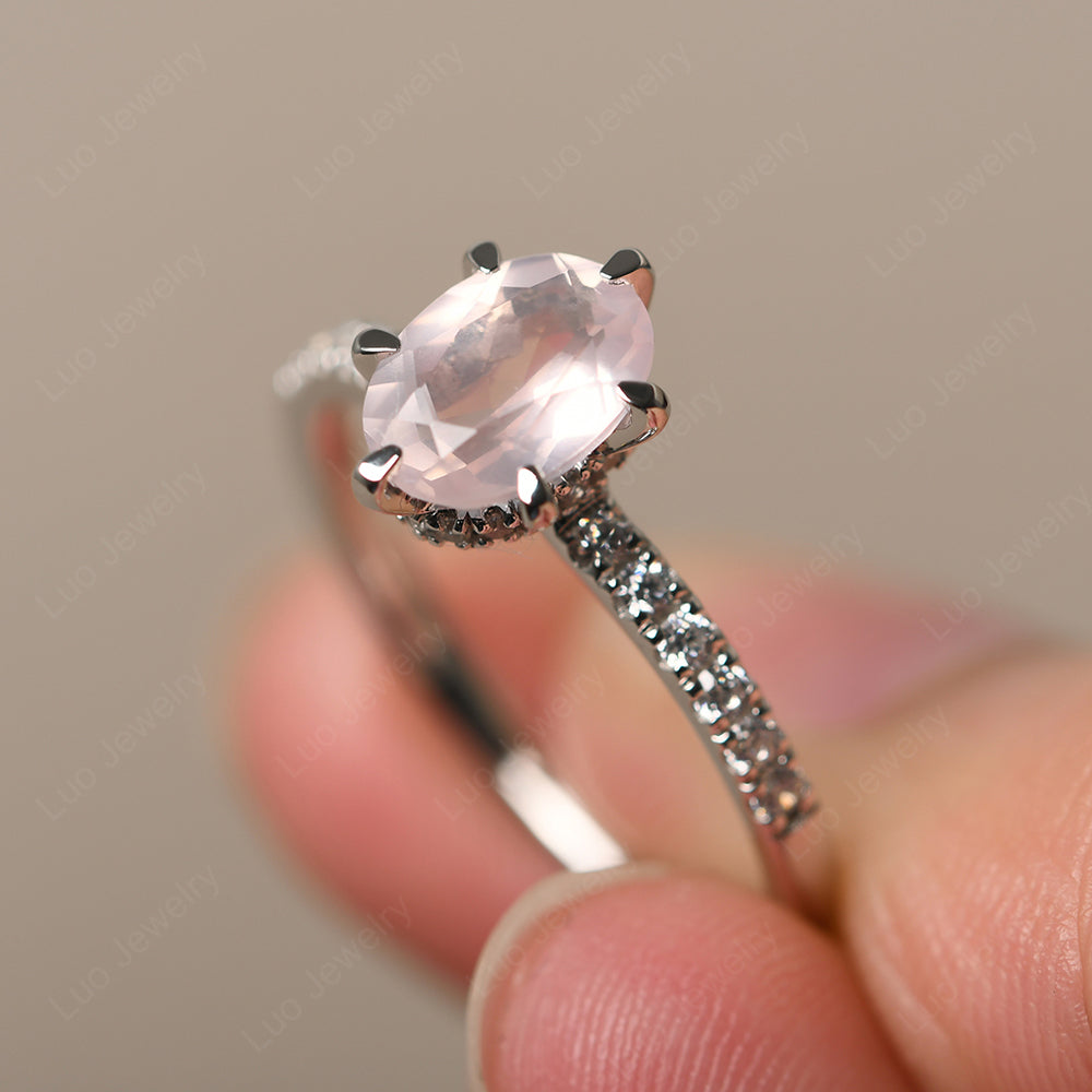 Rose Quartz Hidden Halo Oval Engagement Ring - LUO Jewelry