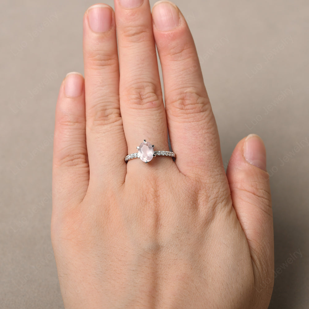 Rose Quartz Hidden Halo Oval Engagement Ring - LUO Jewelry