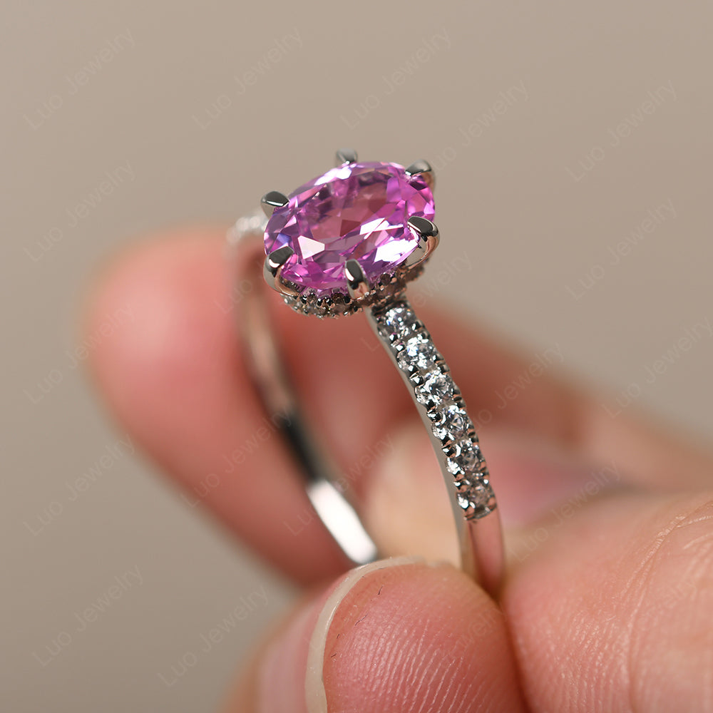 Pink Sapphire Hidden Halo Oval Engagement Ring - LUO Jewelry