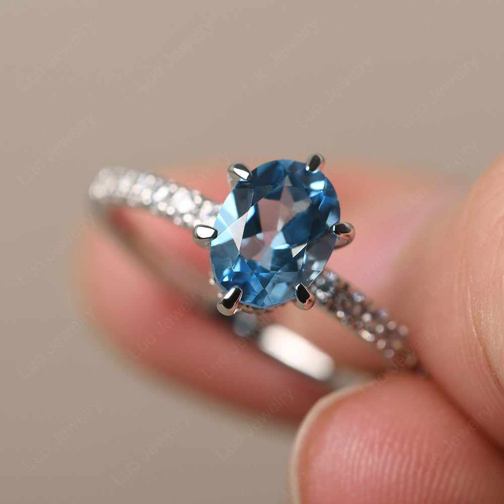 Swiss Blue Topaz Hidden Halo Oval Engagement Ring - LUO Jewelry