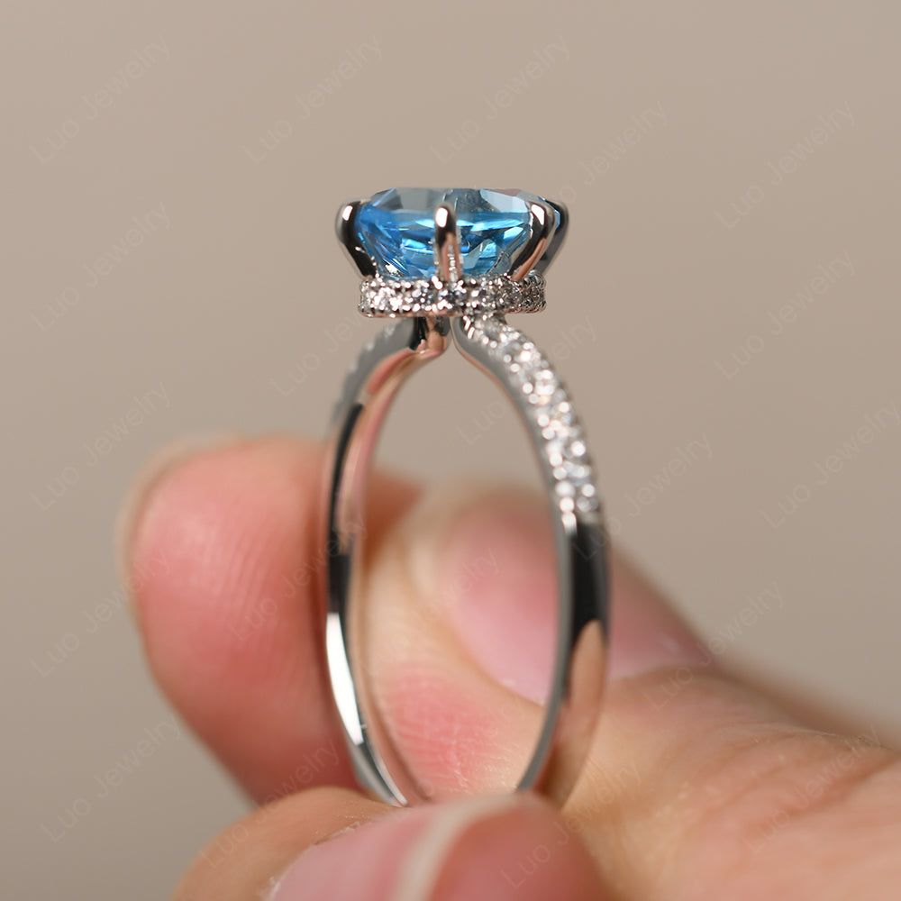 Swiss Blue Topaz Hidden Halo Oval Engagement Ring - LUO Jewelry