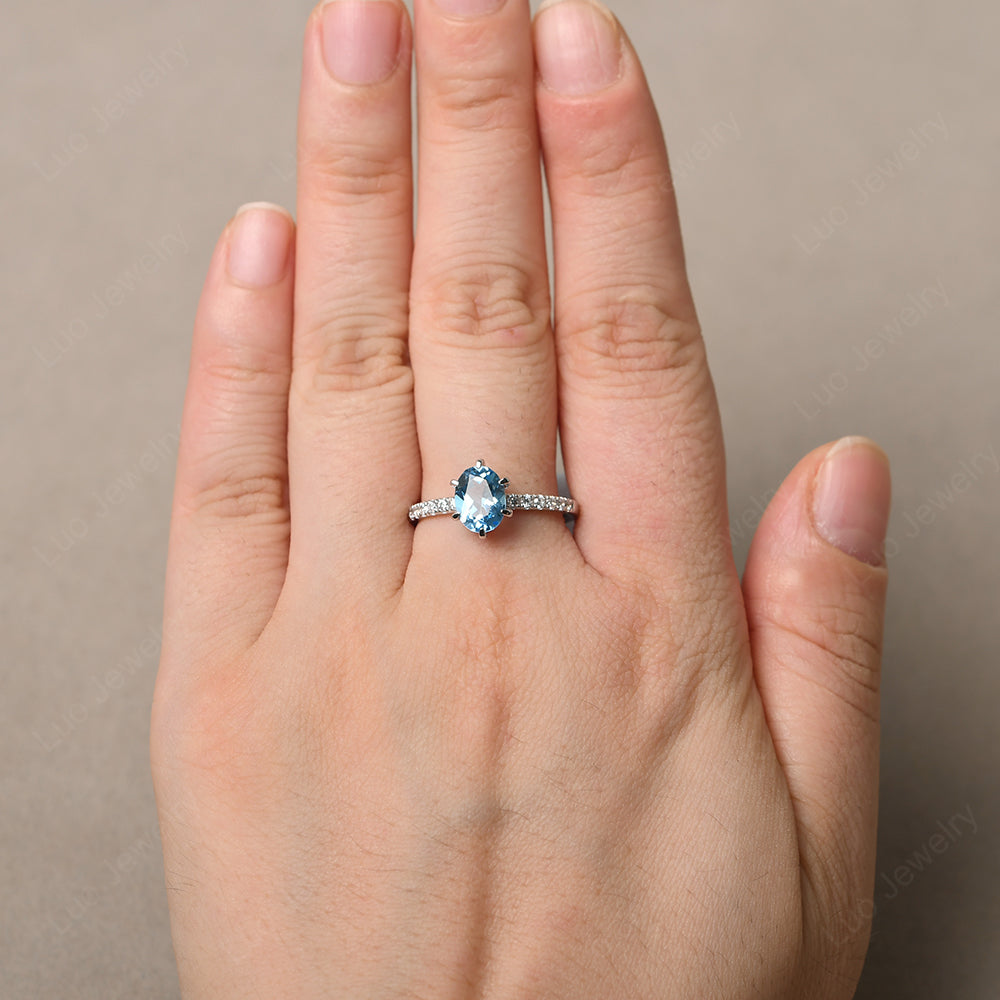 Swiss Blue Topaz Hidden Halo Oval Engagement Ring - LUO Jewelry