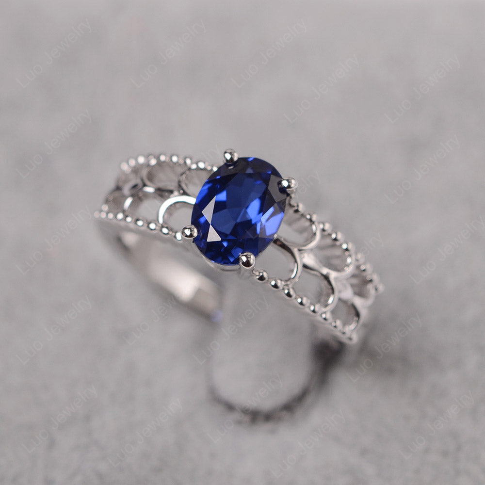 Oval Cut Lab Sapphire Vintage Solitaire Ring