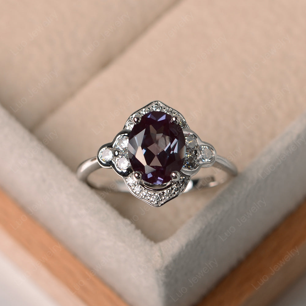 Oval Alexandrite Halo Engagement Art Deco Ring - LUO Jewelry