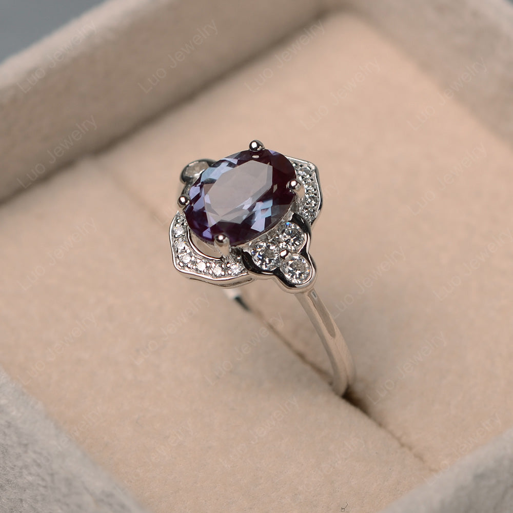 Oval Alexandrite Halo Engagement Art Deco Ring - LUO Jewelry