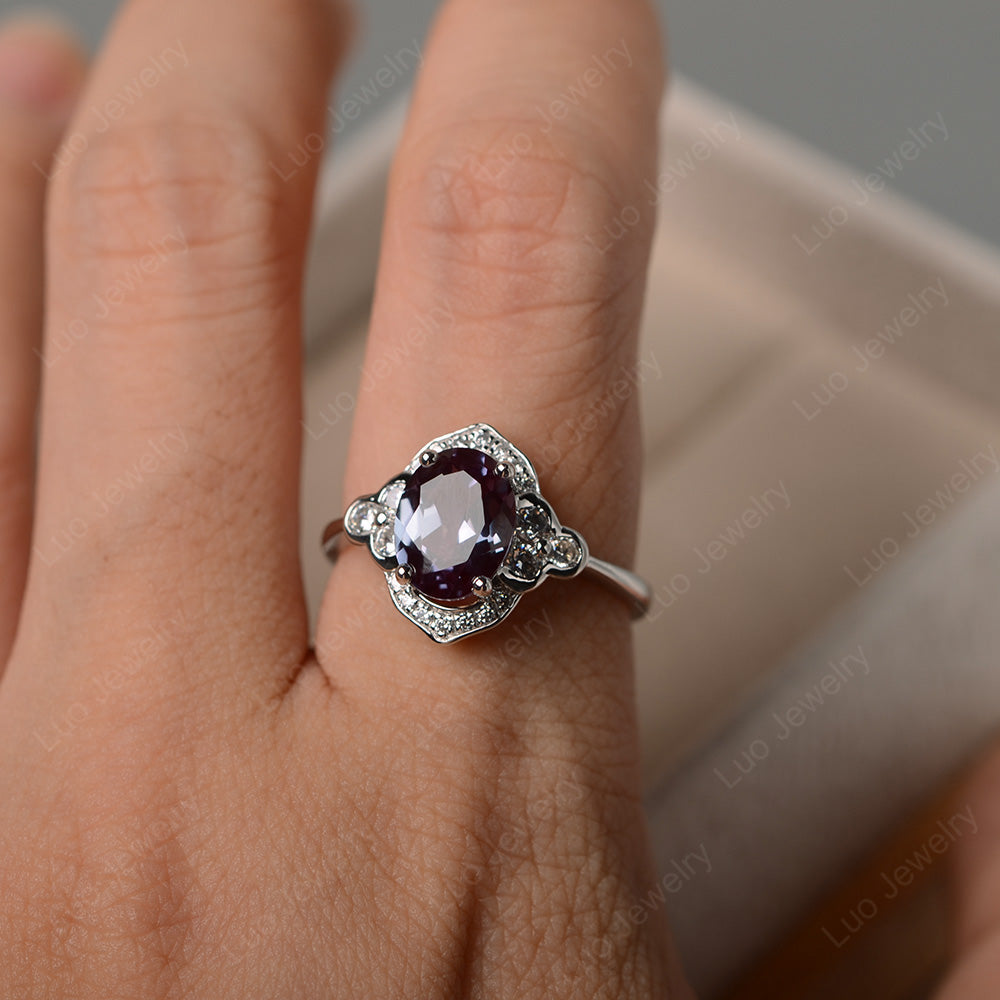 Oval Alexandrite Halo Engagement Art Deco Ring - LUO Jewelry