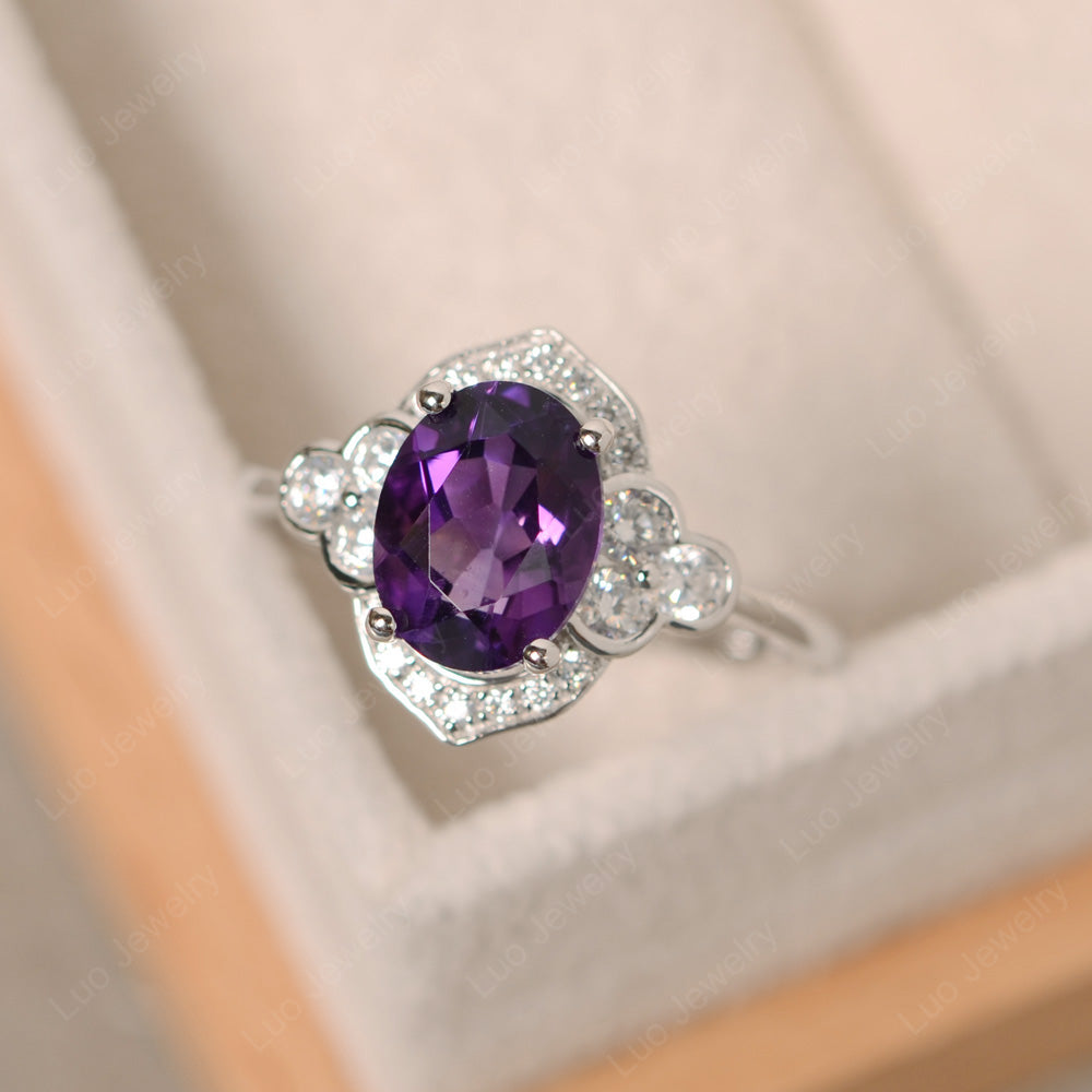 Oval Amethyst Halo Engagement Art Deco Ring - LUO Jewelry