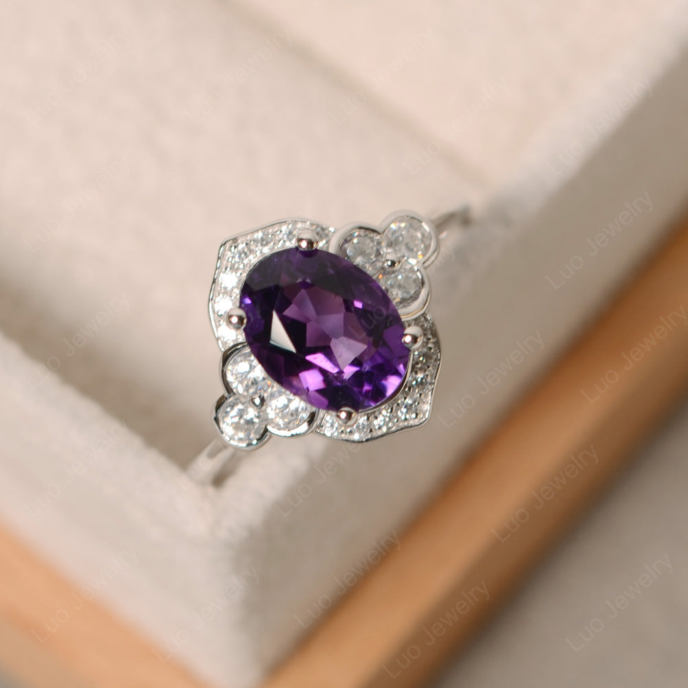 Oval Amethyst Halo Engagement Art Deco Ring - LUO Jewelry