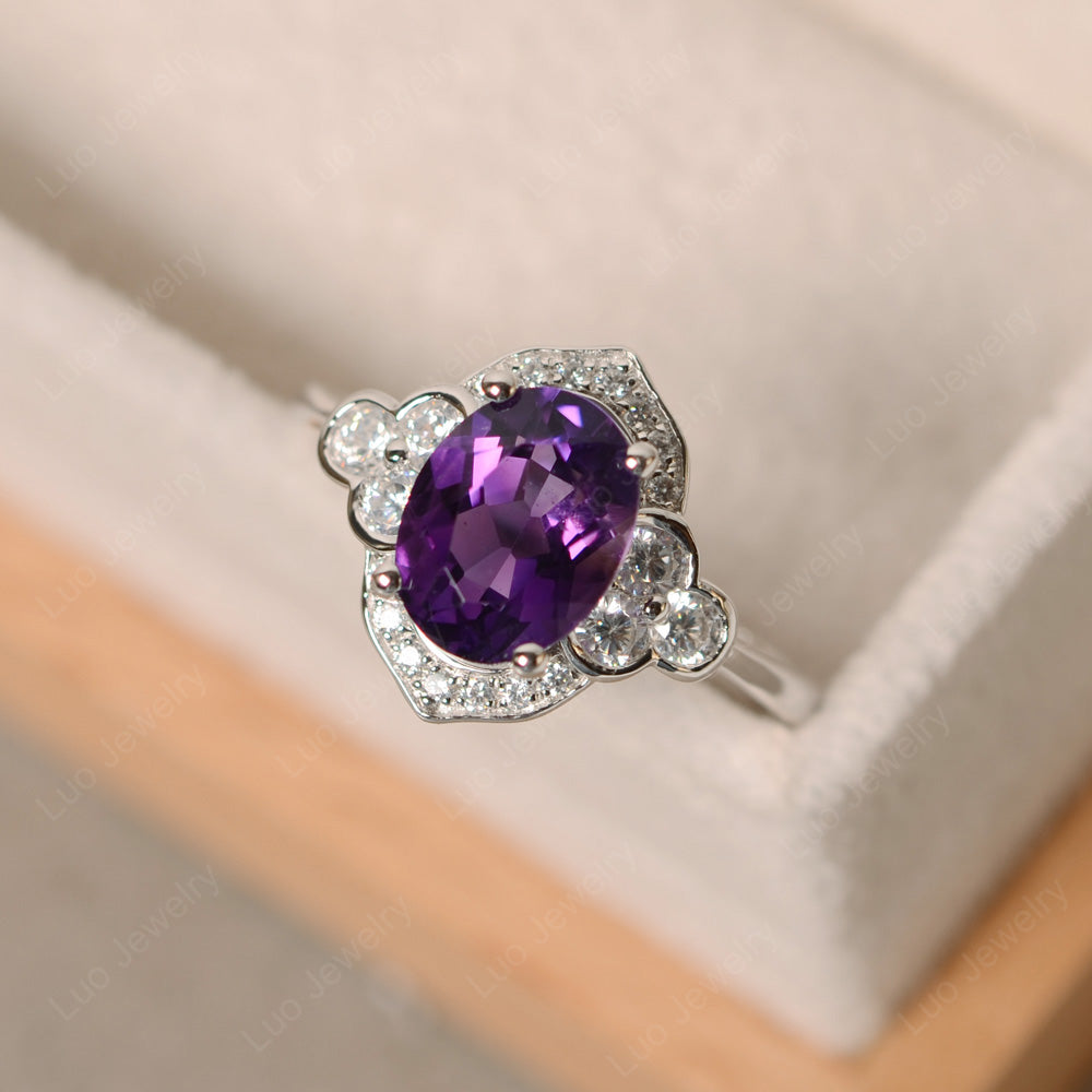 Oval Amethyst Halo Engagement Art Deco Ring - LUO Jewelry