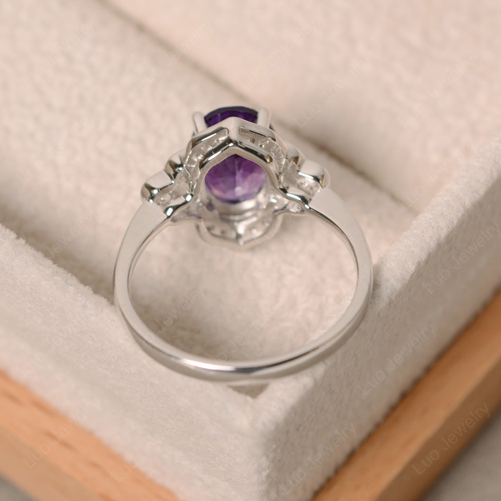Oval Amethyst Halo Engagement Art Deco Ring - LUO Jewelry