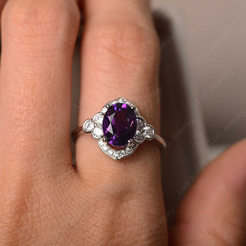 Oval Amethyst Halo Engagement Art Deco Ring - LUO Jewelry