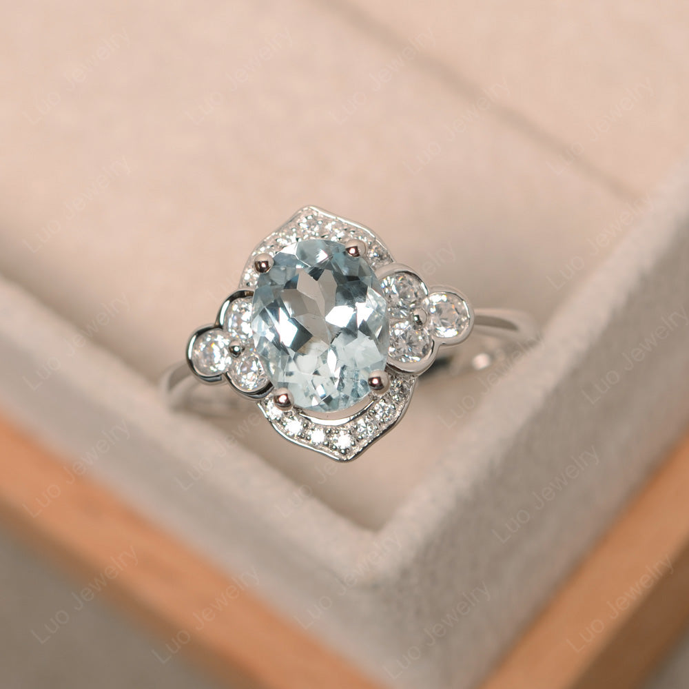 Oval Aquamarine Halo Engagement Art Deco Ring - LUO Jewelry