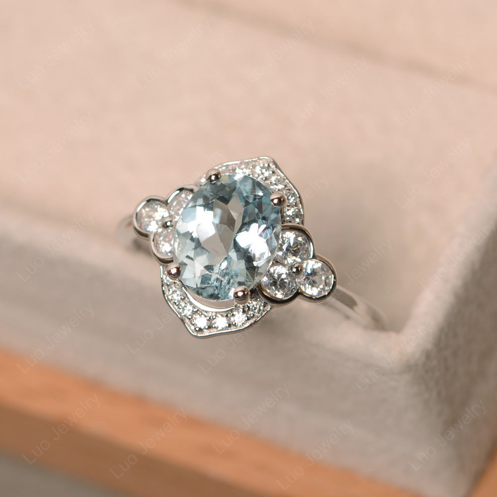 Oval Aquamarine Halo Engagement Art Deco Ring - LUO Jewelry