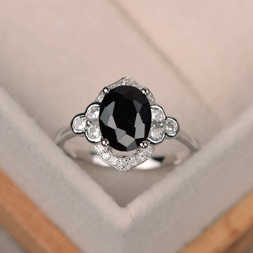 Oval Black Spinel Halo Engagement Art Deco Ring - LUO Jewelry