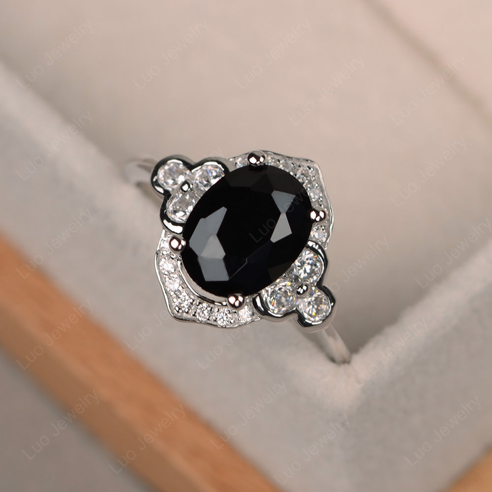 Oval Black Spinel Halo Engagement Art Deco Ring - LUO Jewelry