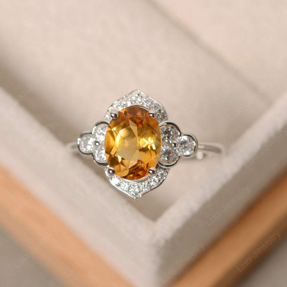 Oval Citrine Halo Engagement Art Deco Ring - LUO Jewelry