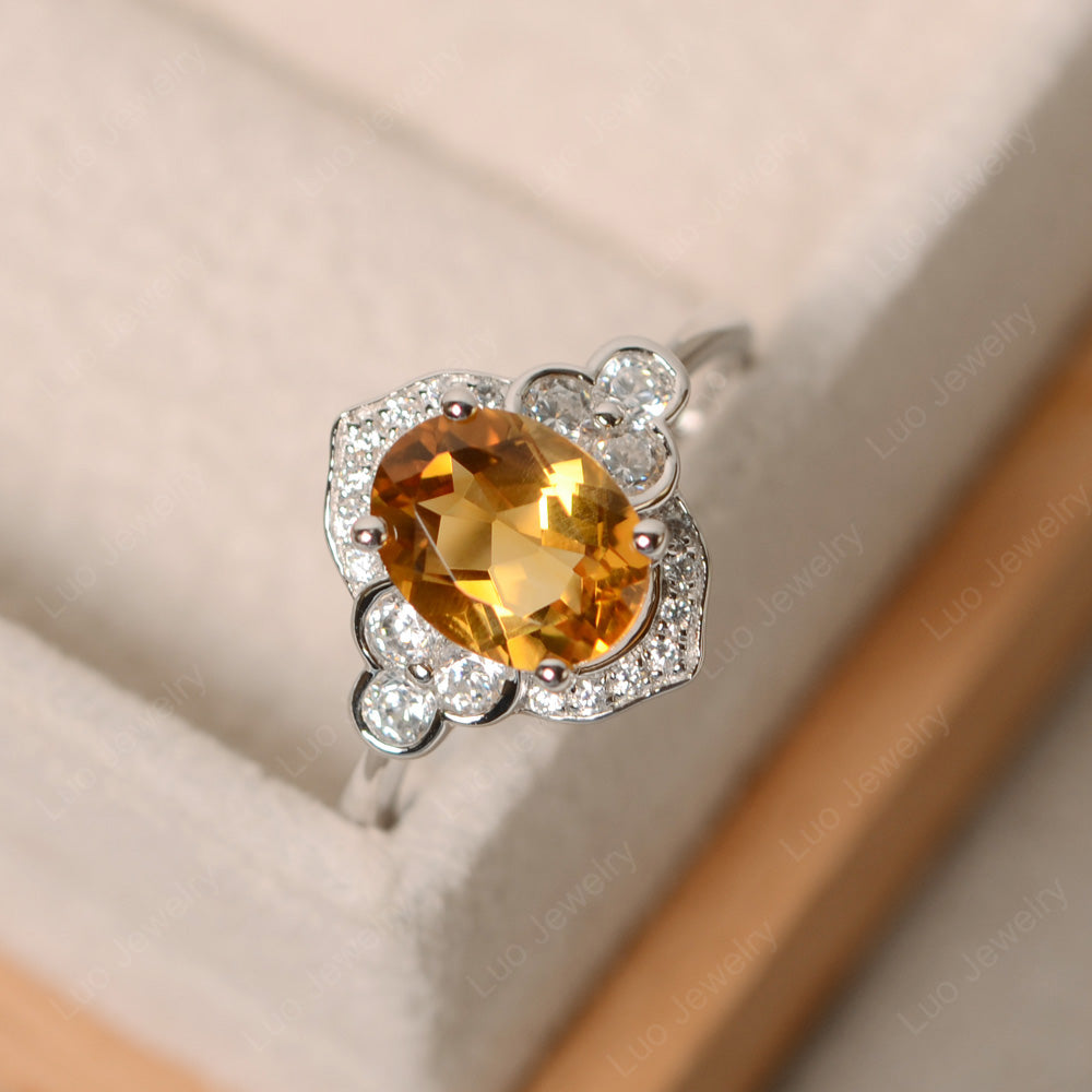 Oval Citrine Halo Engagement Art Deco Ring - LUO Jewelry