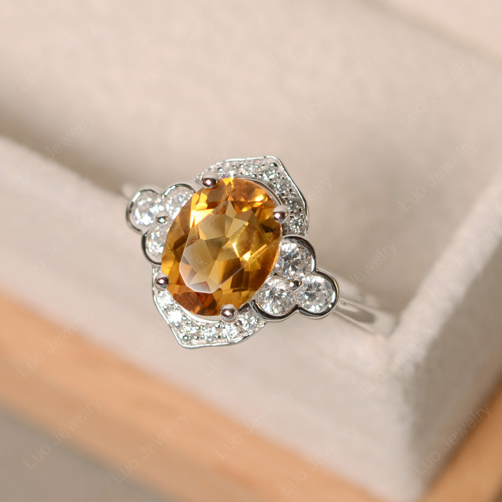 Oval Citrine Halo Engagement Art Deco Ring - LUO Jewelry