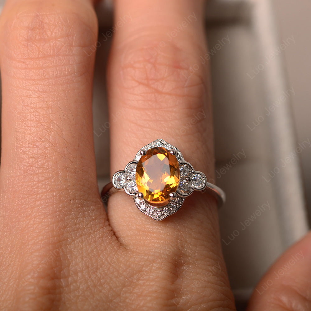 Oval Citrine Halo Engagement Art Deco Ring - LUO Jewelry