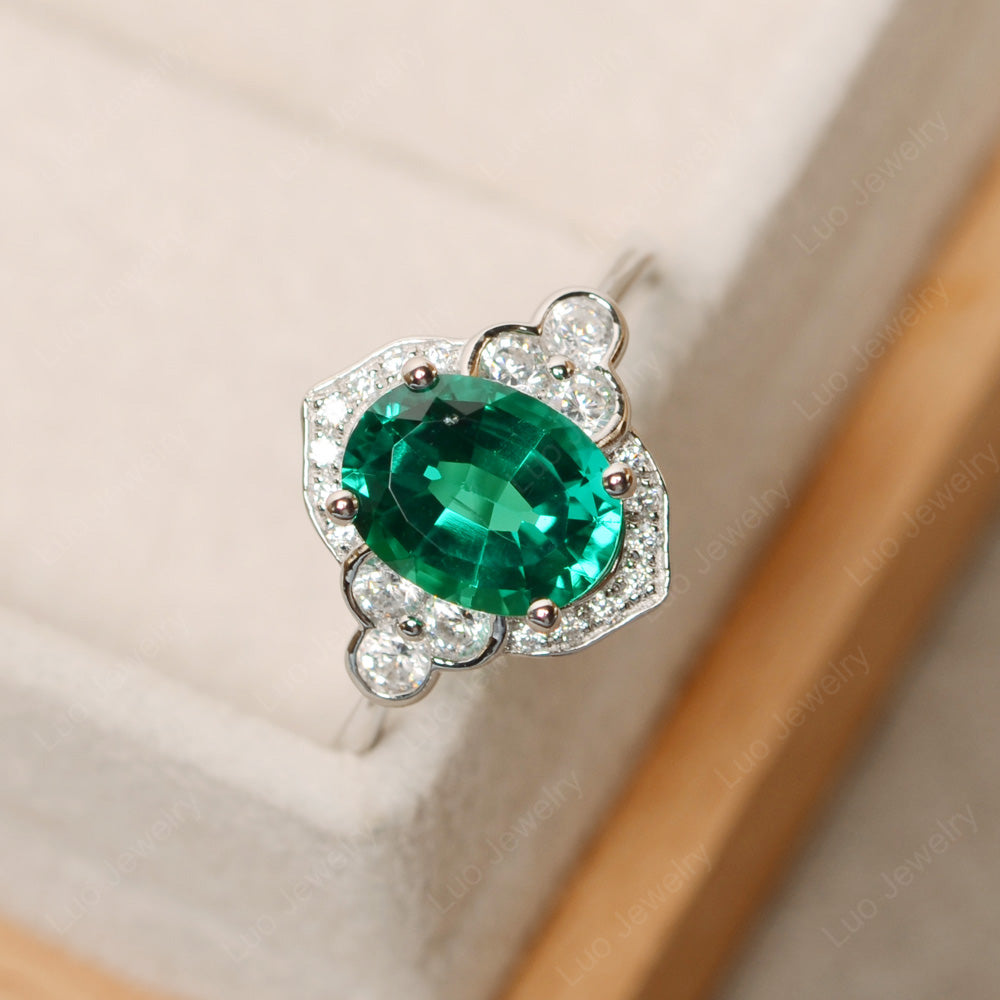 Oval Lab Emerald Halo Engagement Art Deco Ring - LUO Jewelry