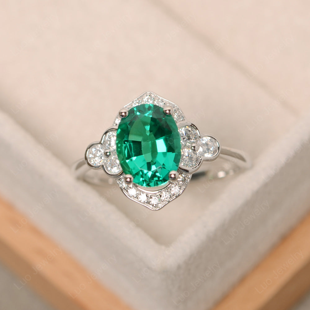 Oval Lab Emerald Halo Engagement Art Deco Ring - LUO Jewelry