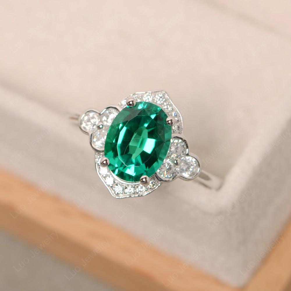 Oval Lab Emerald Halo Engagement Art Deco Ring - LUO Jewelry