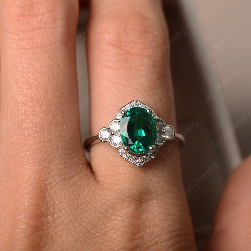 Oval Lab Emerald Halo Engagement Art Deco Ring - LUO Jewelry