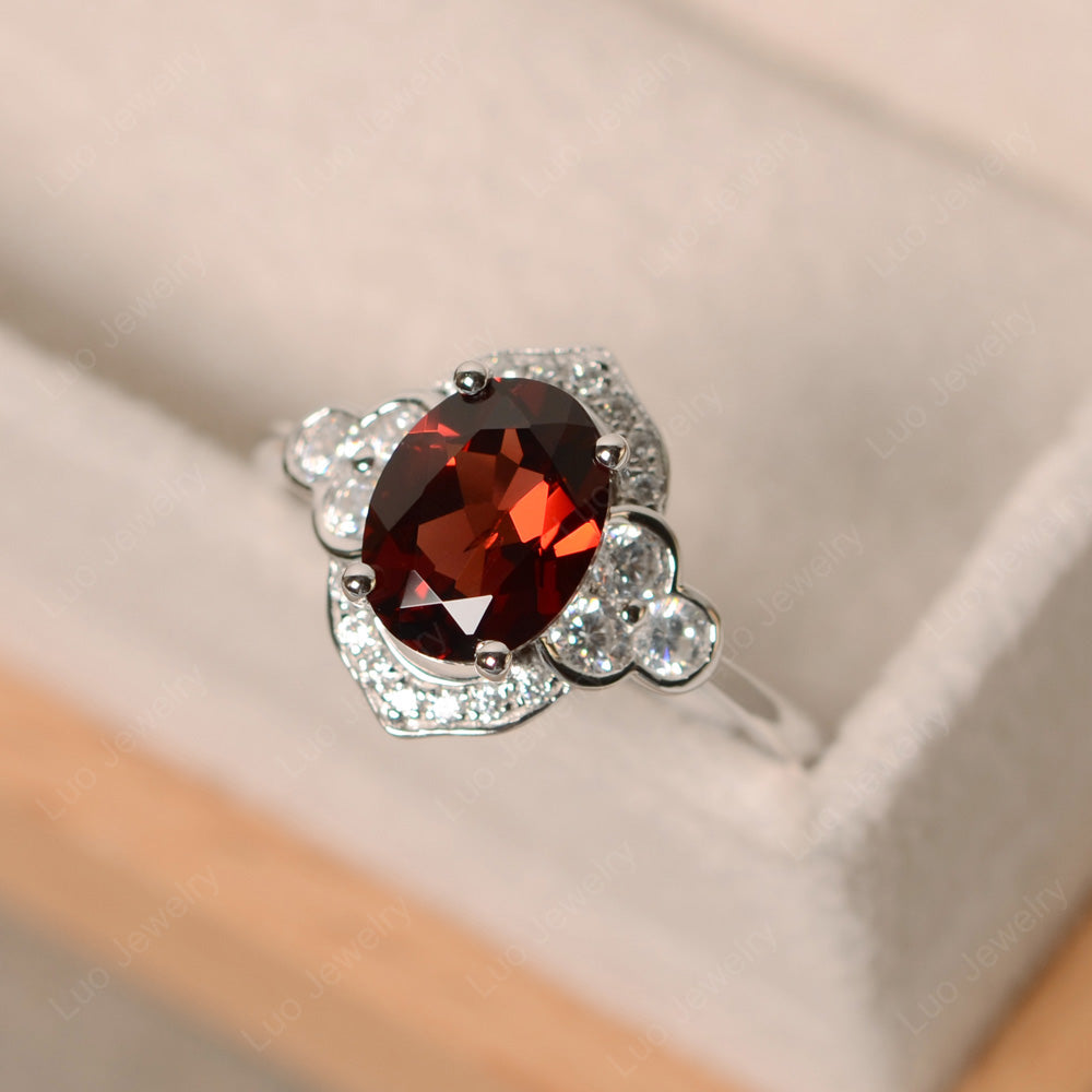 Oval Garnet Halo Engagement Art Deco Ring - LUO Jewelry