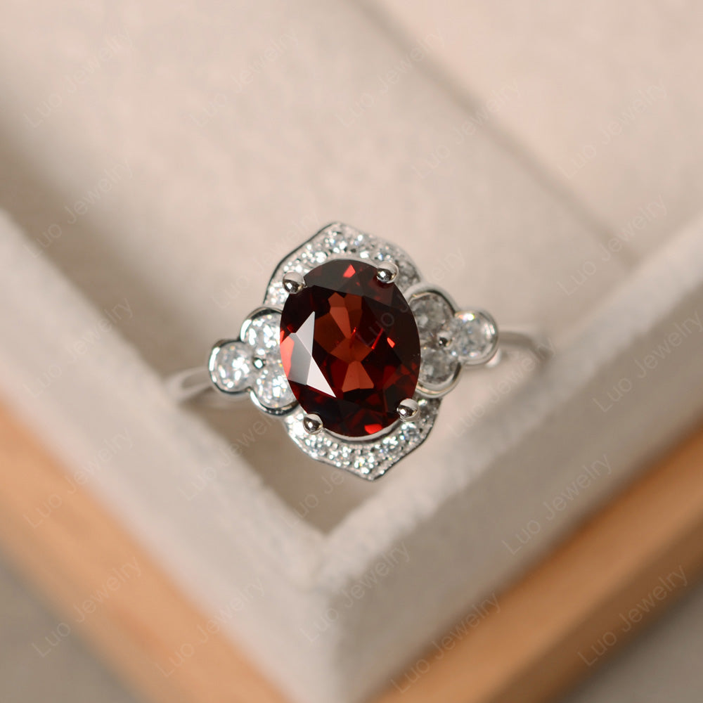 Oval Garnet Halo Engagement Art Deco Ring - LUO Jewelry