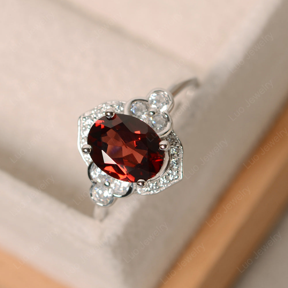 Oval Garnet Halo Engagement Art Deco Ring - LUO Jewelry