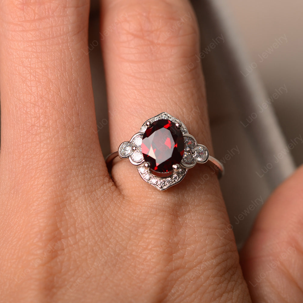 Oval Garnet Halo Engagement Art Deco Ring - LUO Jewelry