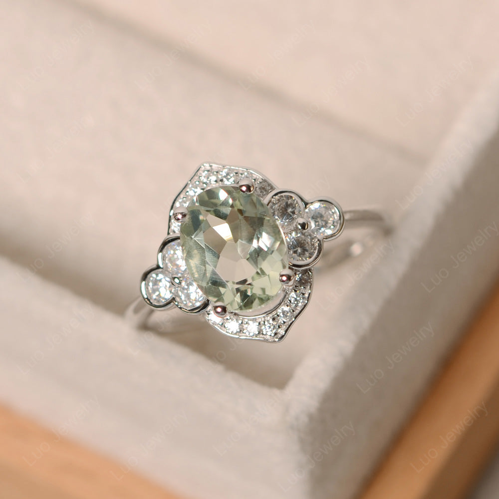 Oval Green Amethyst Halo Engagement Art Deco Ring - LUO Jewelry