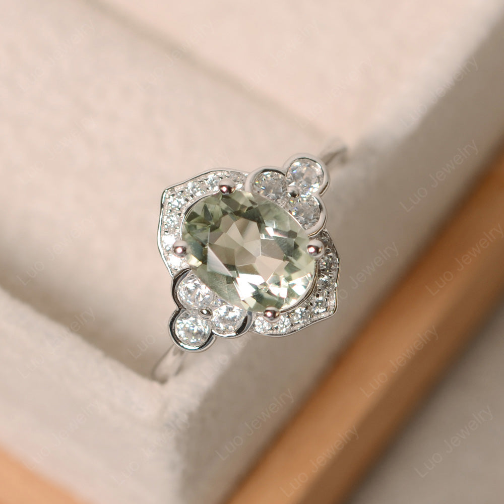 Oval Green Amethyst Halo Engagement Art Deco Ring - LUO Jewelry