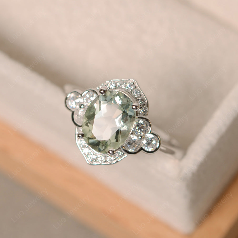 Oval Green Amethyst Halo Engagement Art Deco Ring - LUO Jewelry