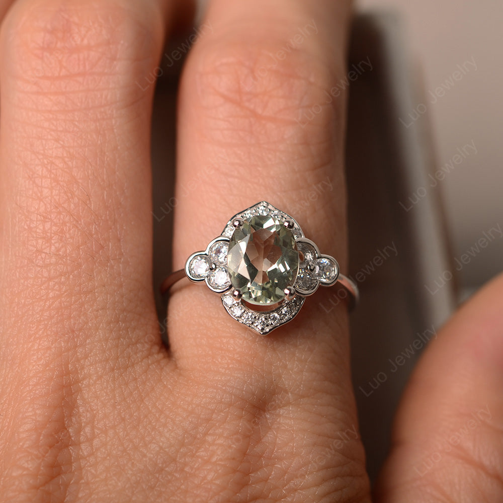 Oval Green Amethyst Halo Engagement Art Deco Ring - LUO Jewelry