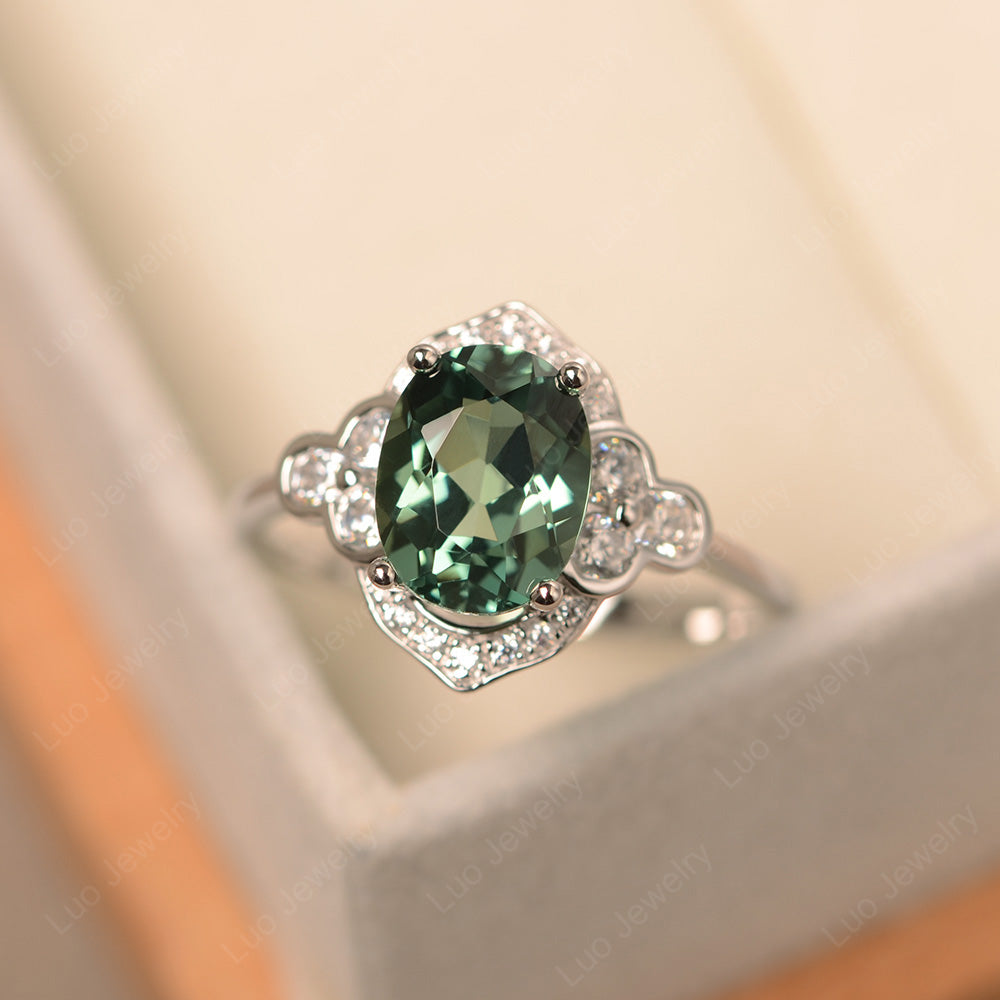 Oval Green Sapphire Halo Engagement Art Deco Ring - LUO Jewelry