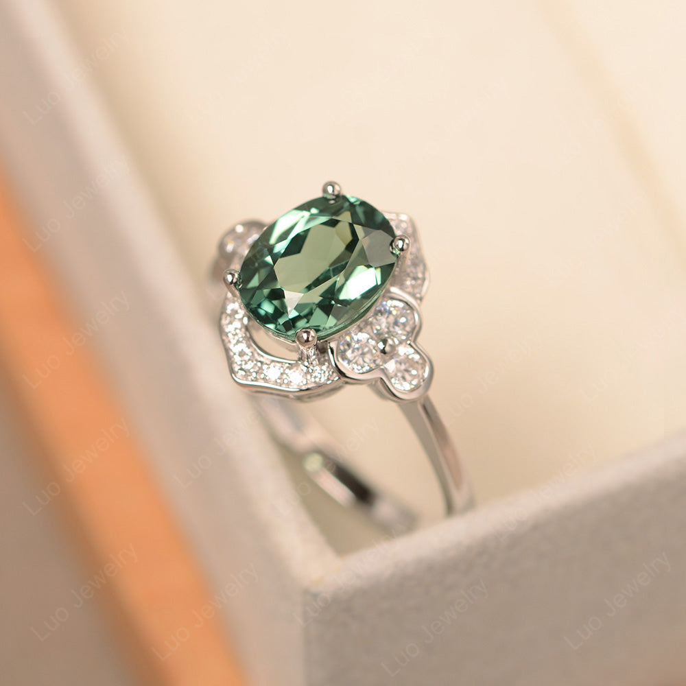 Oval Green Sapphire Halo Engagement Art Deco Ring - LUO Jewelry
