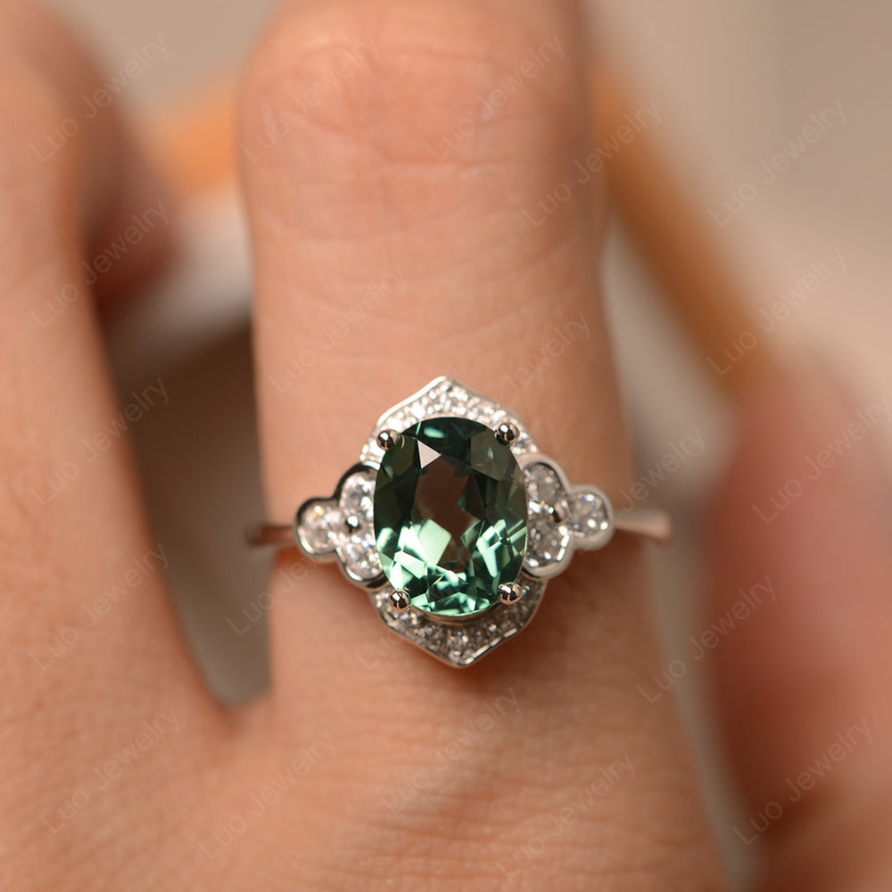 Oval Green Sapphire Halo Engagement Art Deco Ring - LUO Jewelry